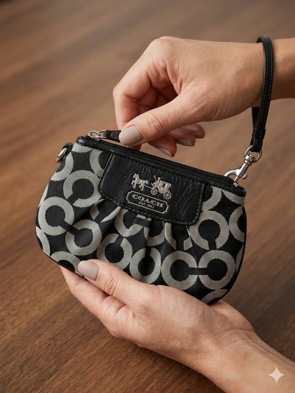 Coach Black and Gray Signature Wristlet with Leather Trim